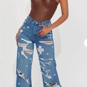 Junior Fashion Nova Tall Super Destroyed Wide Leg Jeans Medium Blue Wash Size 3